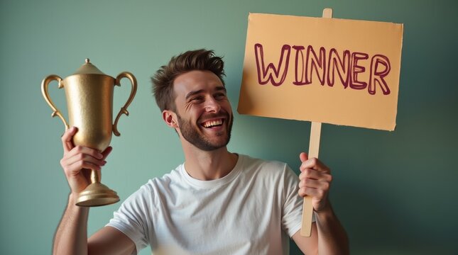 Win concept image with a man winner holding a cup and sign Winner