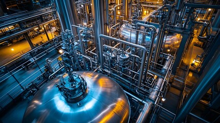 Overhead image of a stainless steel tank, detailed valve systems and intricate piping, under factory lights