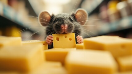 Fototapeta premium Small black rat happily nibbling on a slice of cheese, surrounded by numerous cheese blocks, capturing the blend of nature and human spaces in a supermarket environment.