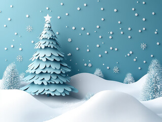 Merry Christmas holiday design, paper cut out Xmas tree toy decoration with snowflakes, snow on blue background for greeting card, banner, poster, postcard, paper cut art style
