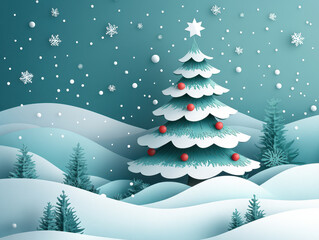 Obraz premium Merry Christmas holiday design, paper cut out Xmas tree toy decoration with snowflakes, snow on blue background for greeting card, banner, poster, postcard, paper cut art style