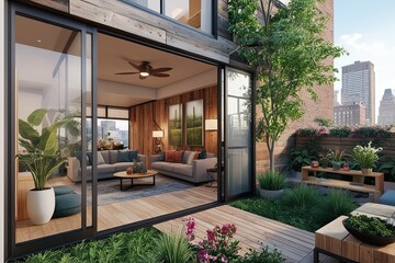 Modern Urban Loft with Grand Entrance to Lush Garden 3D Visualization Featuring Glass and Reclaimed Wood Elements