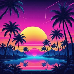 Fototapeta premium A vibrant sunset landscape featuring palm trees and a reflective body of water.