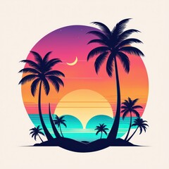 Obraz premium A vibrant sunset over a tropical beach, framed by palm trees, evoking relaxation and paradise.