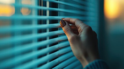 A hand pulls down window blinds, creating striking striped light effects, representing a sense of discovery and the dramatic play of shadows and highlights.