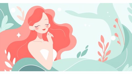 A smiling mermaid with red hair happily swims in a pastel-colored pool