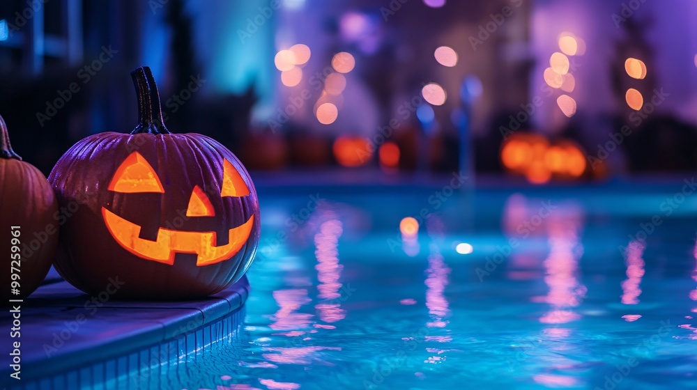 Sticker Glowing halloween pumpkin by the side of a pool with colorful lights in the background