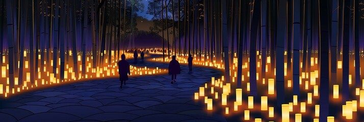Obraz premium Flat Isometric Vector Japan ShichiGoSan celebration where children walk on a winding path of light that weaves through a forest of glowing bamboo each step creating a visual shift
