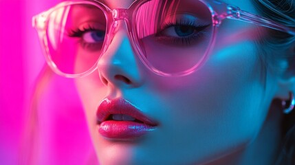 Neon Fashion Portraits: Stylish Woman with Pink Glasses in Futuristic Lighting