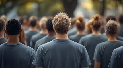 Obraz premium A subtle display of unity with a community group in gray shirts, highlighting balance and neutrality in design, copy space, inclusive atmosphere, surreal, Fusion, city plaza backdrop