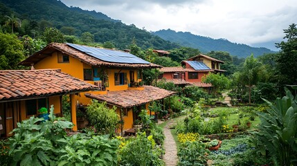 A sustainable eco-village surrounded by greenery, residents in green shirts engaging in farming and renewable energy practices, promoting growth and harmony