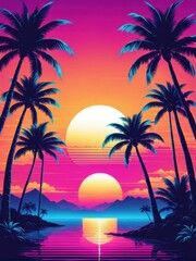 Fototapeta premium A vibrant sunset over a tropical landscape with palm trees and mountains reflecting in water.