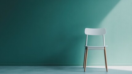 A minimalist white chair stands alone against a teal wall backdrop, casting a serene and modern aura, capturing the essence of simplicity and contemporary design.