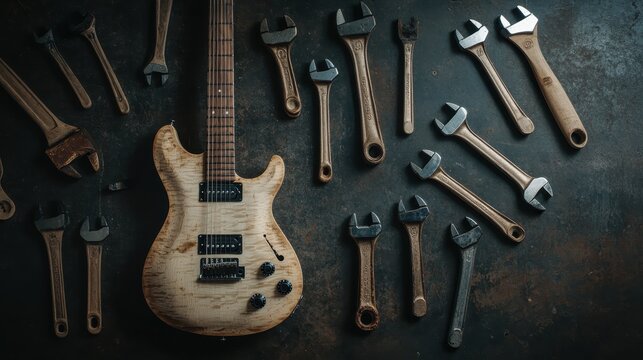 A rustic environment featuring a wooden guitar encircled by various spanners on a dark, textured background, blending elements of craftsmanship and musical artistry.