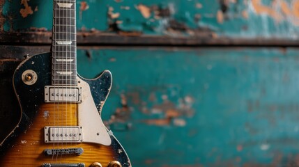 Obraz premium A vintage electric guitar rests against a rustic and slightly damaged teal background, emitting an aura of musical nostalgia intensified by the guitar's worn look.