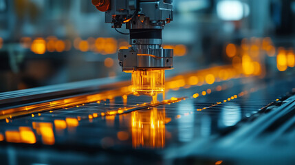 A robotic arm is engaged in precise manufacturing tasks in a bustling hi-tech factory setting. Robotic machine executing precision tasks in a tech factory in yellow and blue colors.