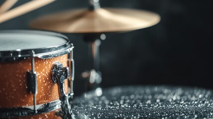 Side view of a drum with a cymbal in the background and water drops in mid-splash creating a dynamic and energetic scene capturing movement and rhythm.