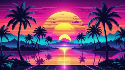 A vibrant sunset over a tropical landscape with palm trees and a reflective water surface.