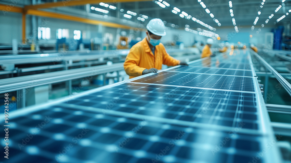 Wall mural Technicians work diligently on solar panel assembly lines in a factory setting. Workers dressed in yellow uniforms assemble solar panels in a manufacturing facility.