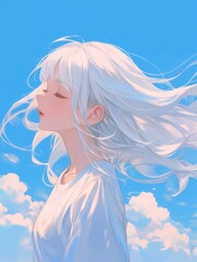  white-haired girl with   long hair gently floating in the wind stands among clouds,  against a light blue sky background