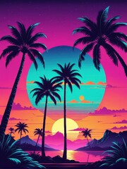 Obraz premium A vibrant sunset landscape with palm trees, mountains, and a colorful sky.