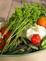 Bowl filled with newly harvested produce. Home grown and organic vegetables. Tomatoes, zucchini, parsley, flowers, apples, pears, beans, peppers, chillies and kale.