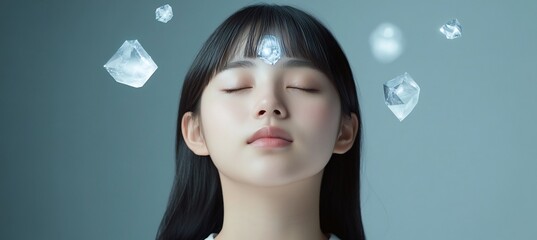 Futuristic Metallic Infographic Japanese Coming of Age Day where participants are surrounded by floating crystals emitting metallic light resonating with their hopes and dreams
