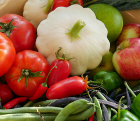 Harvest basket. Home grown vegetables, fruits and flowers just harvested. Fresh produce. Apples, pears, tomatoes, zucchini, beans, parsley, flowers, peppers, and chillies.