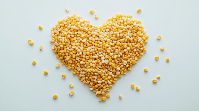 Flat lay of corn kernels shaped into a heart on white background, playful, bright natural lighting, clean composition, food art