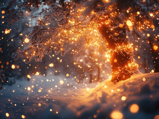 Naklejka premium Twinkling fairy lights wrapped around a snowy tree, full empty copy space for text.