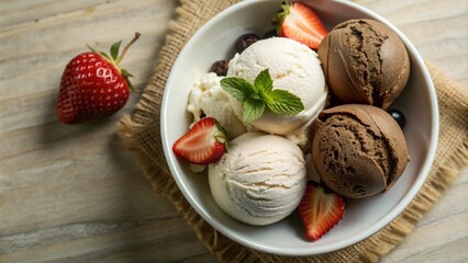 Top view ice creams scoops that various flavor in white bowl isolated on background, dessert sweet scoop of chocolate, strawberry, and vanilla.