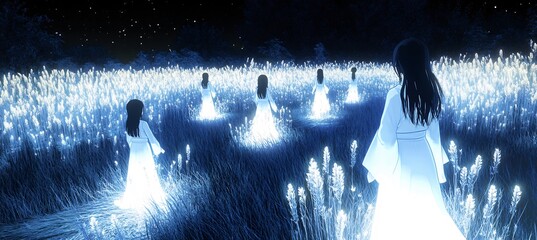 Glowinthedark Illustration Japanese Coming of Age Day where the participants are surrounded by glowing reeds their light intensifying as they move toward adulthood casting neon shadows on the ground