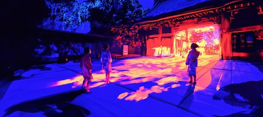 Glowinthedark Illustration Japanese Coming of Age Day where the participants are surrounded by glowing reeds their light intensifying as they move toward adulthood casting neon shadows on the ground