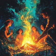 Four friends gather around a campfire in the wilderness, sharing stories and laughter under the starry sky.