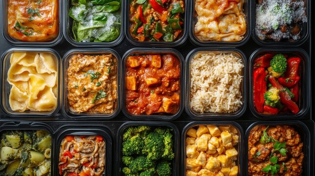 Frozen ready meals with a variety of frost-covered dishes like lasagna, curry, and stir-fries, viewed from above in an organized layout