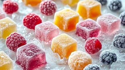 Frozen smoothies in cubes, with a mix of colorful fruits and ice, scattered randomly over a white frozen surface, detailed icy texture