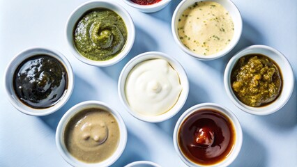 Set of different Sauce in white bowl from top view isolated on background, flat lay of various tasty dipping sauces cuisine.