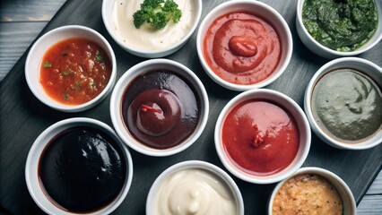 Set of different Sauce in white bowl from top view isolated on background, flat lay of various tasty dipping sauces cuisine.