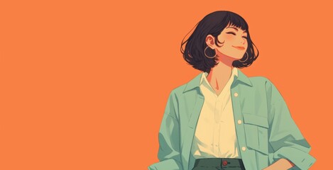 A smiling woman in a light-colored shirt and green pants stands confidently in front of a bright background. 