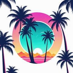 A vibrant sunset scene featuring palm trees and mountains, evoking a tropical paradise.