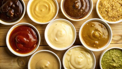 Set of different Sauce in white bowl from top view isolated on background, flat lay of various tasty dipping sauces cuisine.