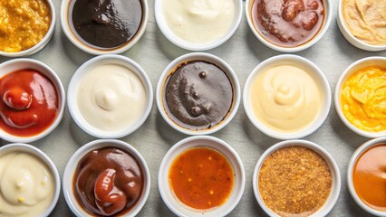 Set of different Sauce in white bowl from top view isolated on background, flat lay of various tasty dipping sauces cuisine.