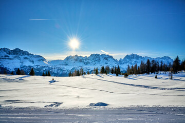 Ski resort Madonna di Campiglio.Panoramic landscape in the winter time of the Dolomite Alps in Madonna di Campiglio. Northern and Central Brenta mountain groups,Italy
