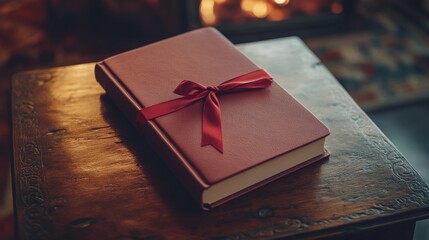 Hardcover book tied with a ribbon, displayed elegantly on a handcrafted wooden table, warm ambient lighting and natural textures