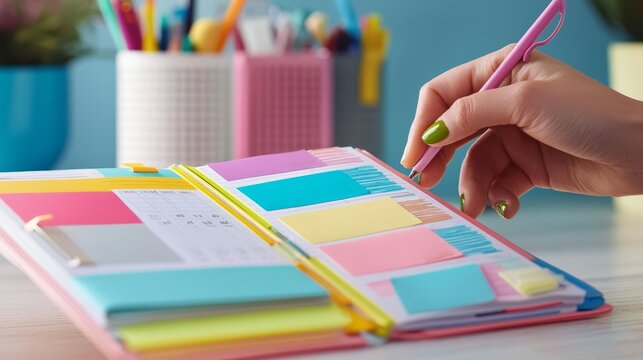 A hand flipping through a planner with colorful tabs labeled with daily, weekly, and monthly goals, emphasizing organization.