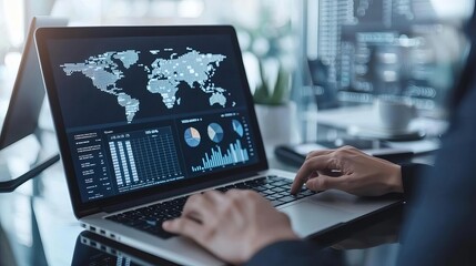 Business leaders reviewing international market reports for global expansion strategy, laptop screens with graphs and data, modern office environment.