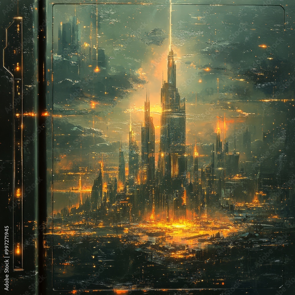 Canvas Prints Futuristic cityscape with tall skyscrapers and glowing lights, viewed through a window.