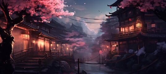 Fototapeta premium Iridescent Glow Illustration Japanese New Year's Eve where the city transforms into a glowing landscape of falling sakura petals casting a soft iridescent glow over the streets