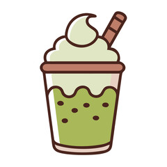  Matcha Bubble Tea Vector with Whipped Cream and Straw Illustration 