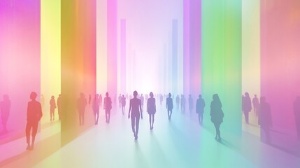 Iridescent Light Beams Illustration Japanese Coming of Age Day where participants walk through field of soft glowing light beams ripple iridescent colors as they move representing their future paths